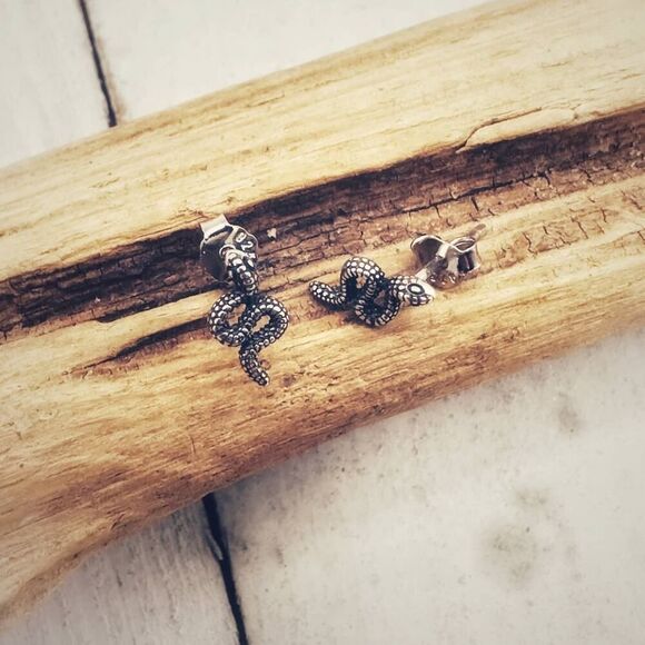 Minimalist Sterling Silver Snake Stud Earrings - Picture 2 of 6